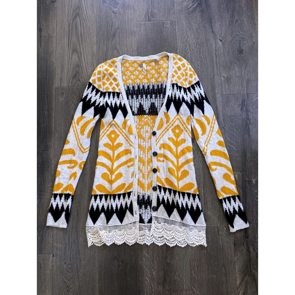 Gimmicks by BKE Boho Long Button Cardigan Sweater XS Yellow Black Lace Trim